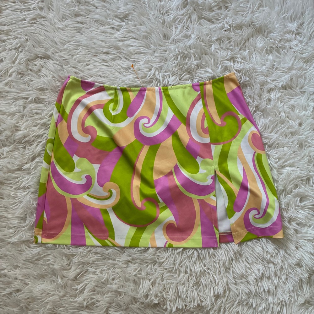 Peppermayo Retro Psychedelic Swirl Mini Skirt Green Pink Size 8 Side Slit 70s